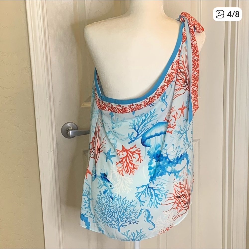 White House Black Market Coral and Blue Bath Wrap - Picture 2 of 6